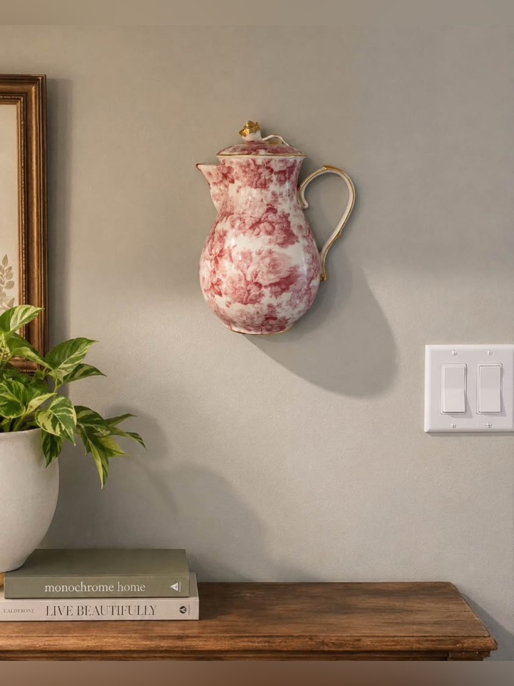 Nantucket Pink Floral Wall Hanging Decorative Teapot Plaque